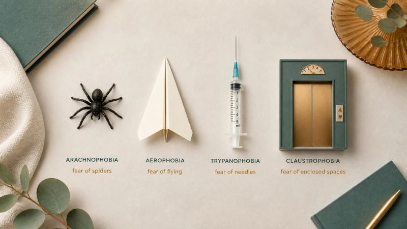 A grid of small everyday objects that commonly trigger phobias: a needle, a spider, an aeroplane, a height view