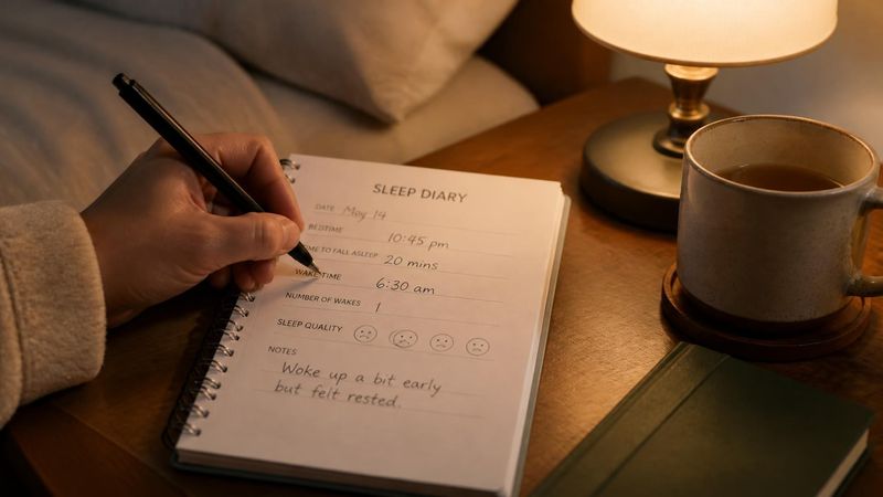 A person writing in a sleep diary on a bedside table.