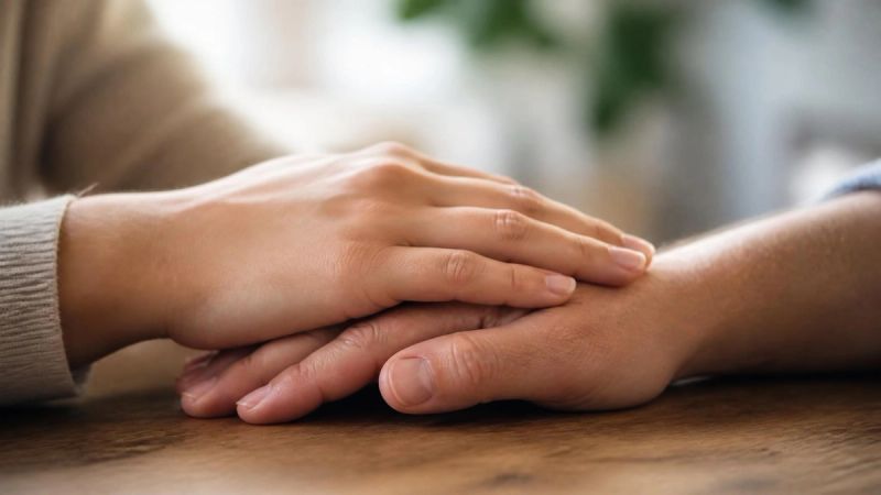 A hand gently resting on another hand, representing support and the decision to seek help
