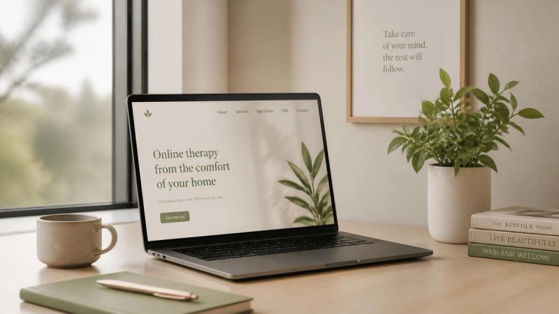 A calm home office space with a laptop and plant, representing online therapy for menopause anxiety