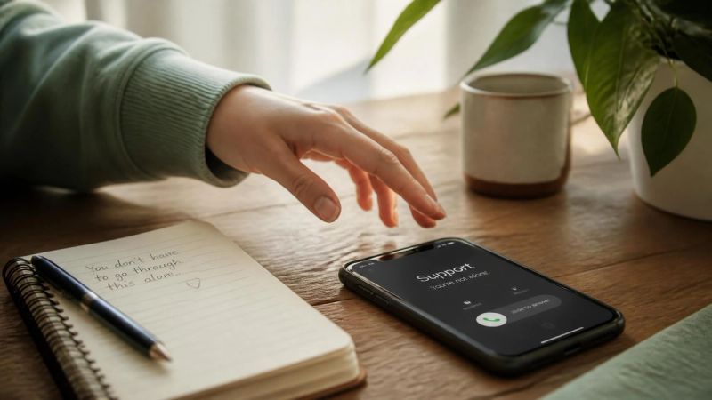 A hand reaching toward a phone on a table, representing the decision to seek help for dental phobia
