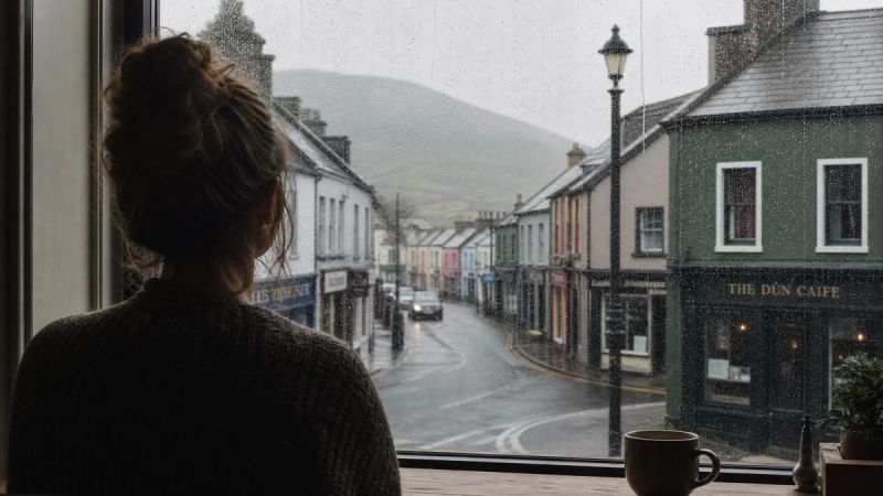 A person looking out of a rain-streaked window at an Irish street, representing life changes and isolation in Ireland