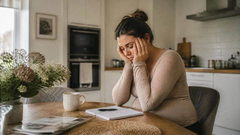 A tired pregnant woman resting her head on her hands at a kitchen table.