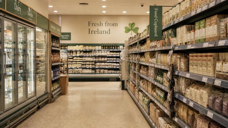 A row of supermarket shelves with neutral packaging, representing everyday food-related anxiety