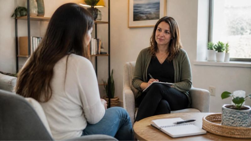 A therapist and client talking in a bright therapy room with a notebook and pens