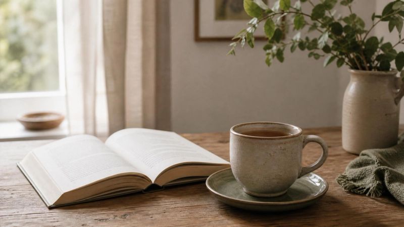 An open book with a cup of tea on a wooden table, representing answers to frequently asked questions