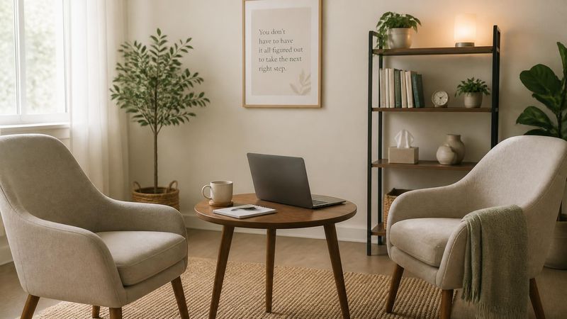 Two chairs and a laptop set up for a first therapy session