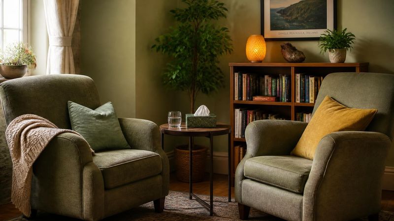 A warm room with two facing armchairs, a side table and a green plant