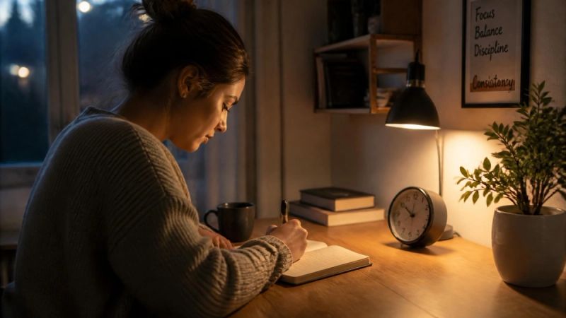 A person setting a simple bedtime routine with a journal and alarm clock.