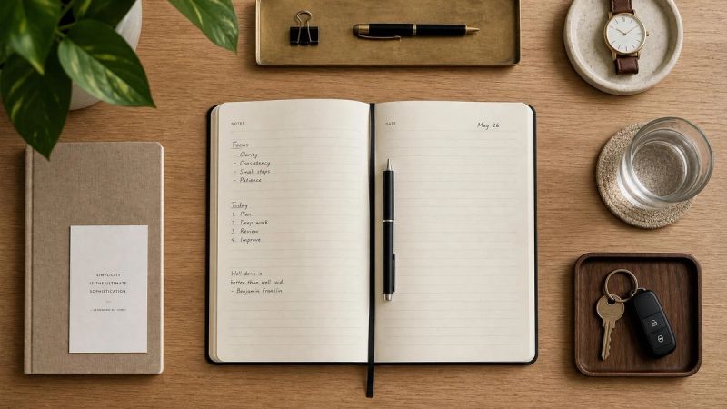 A calm desk with objects carefully arranged, representing OCD obsessions and compulsions