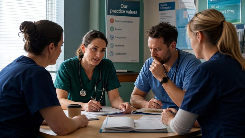 A healthcare team meeting around a table with notes