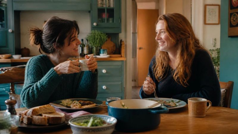 Two friends having a relaxed meal together at home
