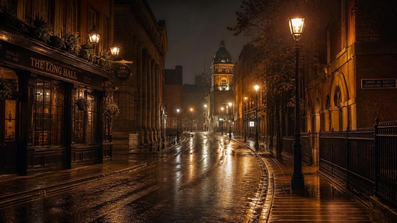A quiet Dublin street at night, symbolising nighttime worry.