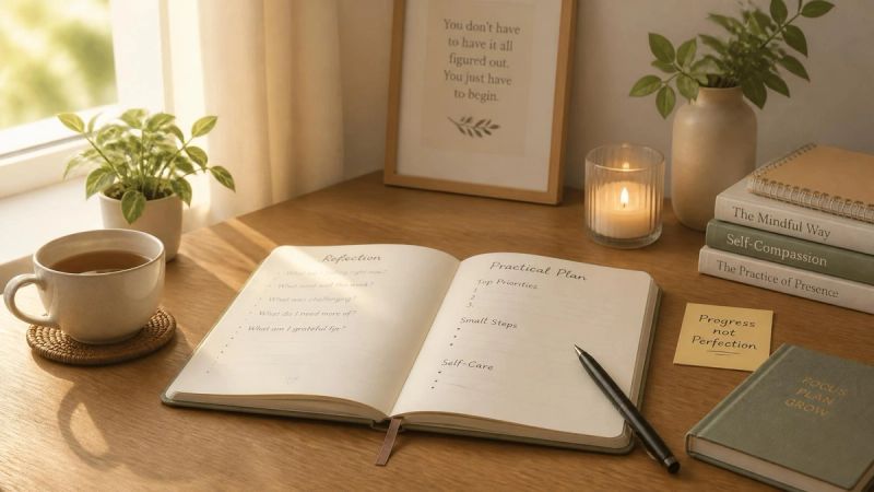 A peaceful image of an open notebook and pen, representing therapy and practical tools