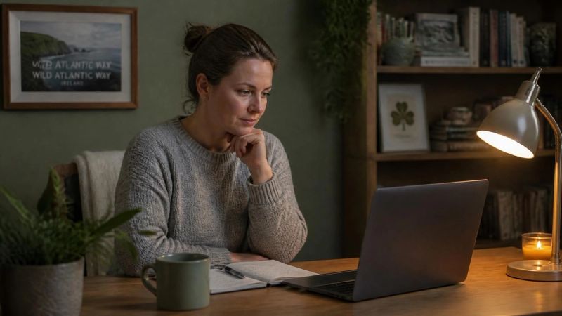 A person sitting at a desk with a laptop and a notepad, reading information with a calm expression