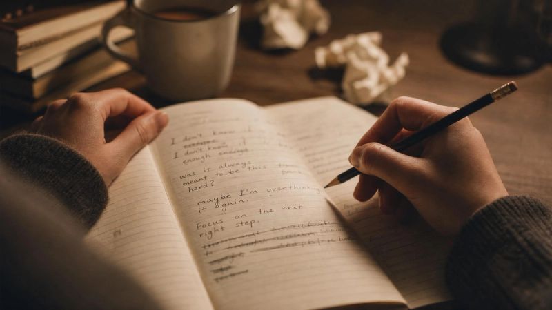 A close-up of hands erasing and rewriting notes, showing the endless revision cycle of perfectionism