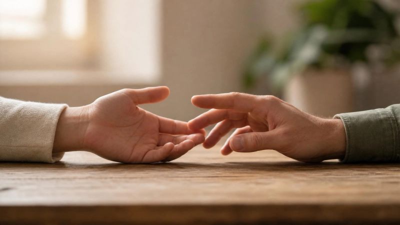 Two hands reaching toward each other across a wooden table, symbolising support and reconnection
