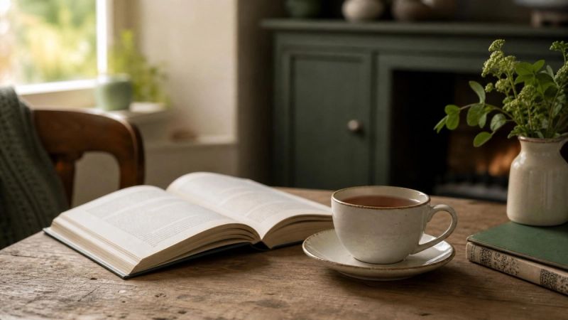An open book and a cup of tea on a wooden table, representing clear information and answers about loneliness