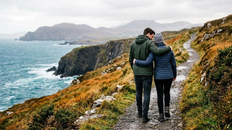 Two friends walking along Irish coast, representing support after trauma