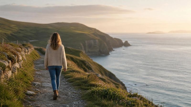 A person walking confidently along a peaceful Irish coastal path at golden hour