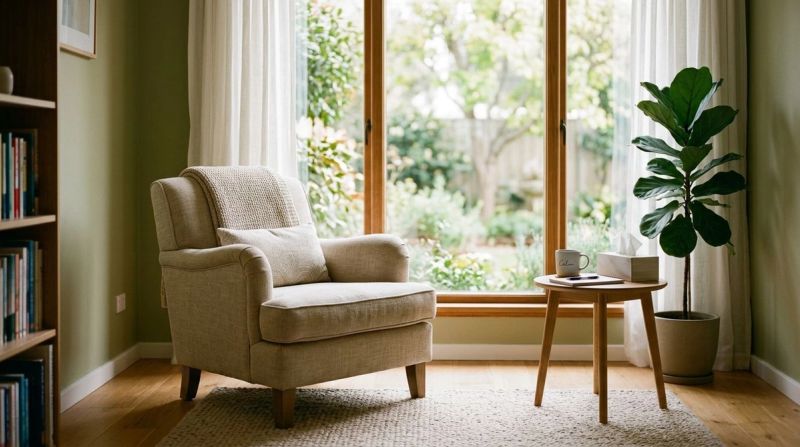 Empty therapy chair by window, representing first therapy session