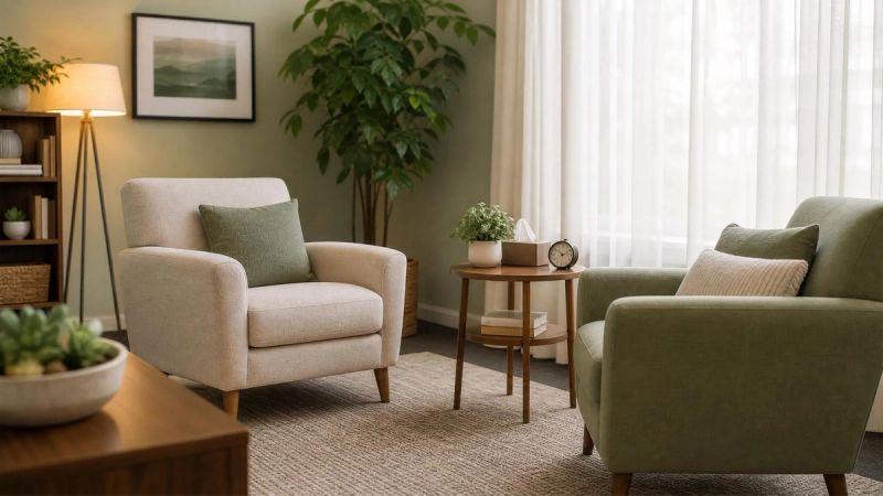 A therapy room with two chairs facing each other in soft light, representing combined treatment for ADHD and anxiety.