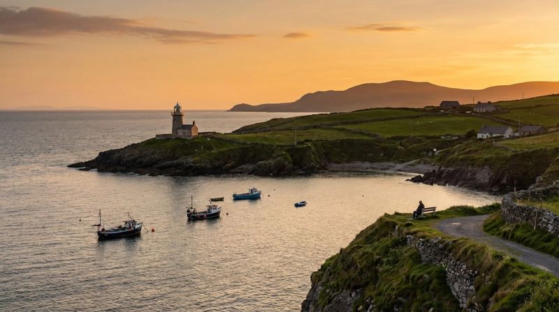 Peaceful Irish coastal scene at golden hour, calm sea, sense of safety and trust