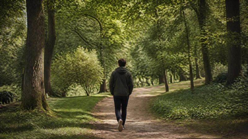 A man walking alone in a park, representing self-care for partners supporting someone through menopause