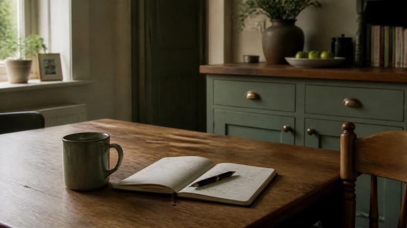 A kitchen table with a single mug, an open notebook and a pen, morning light across it