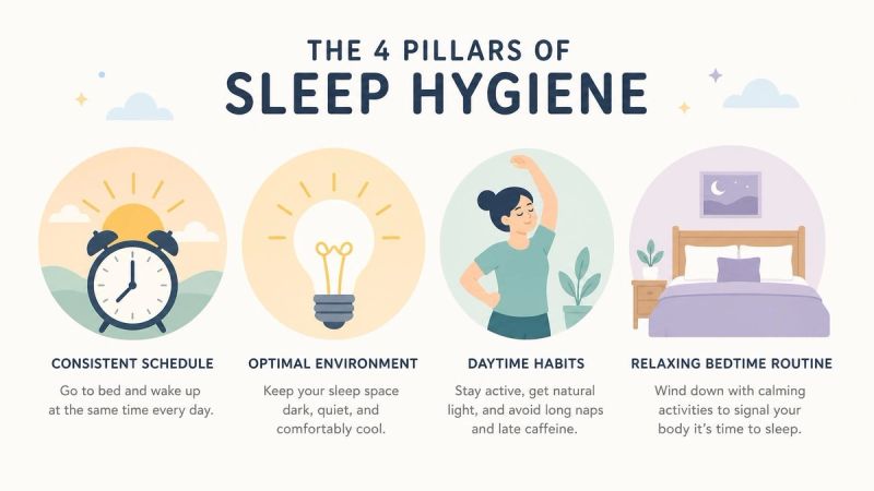 Four illustrated icons representing consistent wake time, light, wind-down, and bedroom environment.