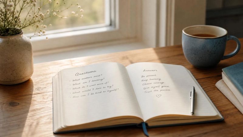 An open notebook on a wooden table in soft window light, representing questions and answers about self-esteem