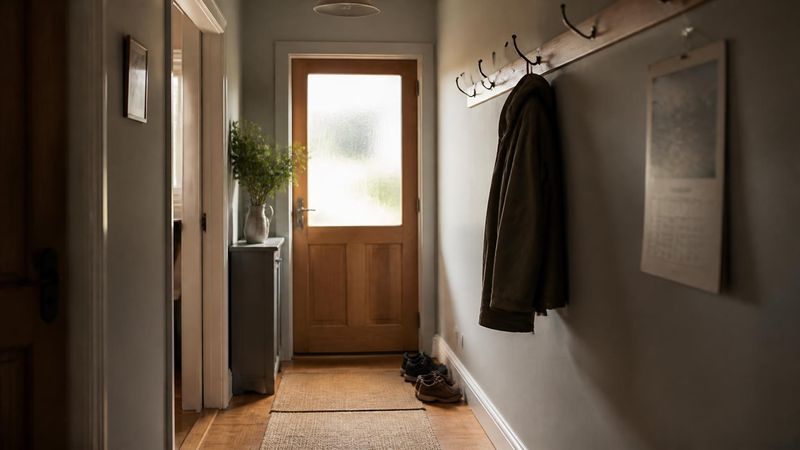 An empty hallway in a home with a coat on a hook and a calendar on the wall