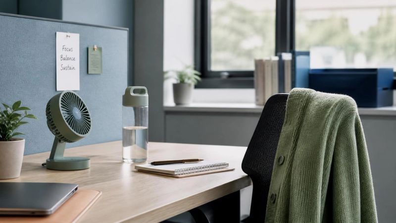 A modern office desk with a small fan and water bottle, representing menopause at work