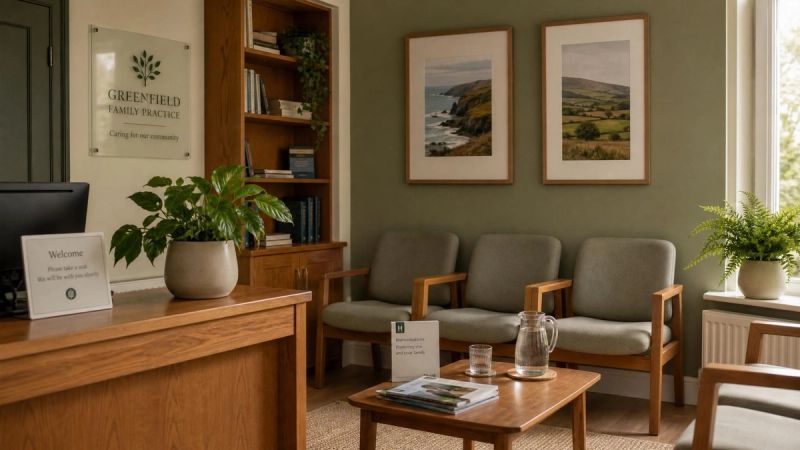 A warm Irish GP office interior with soft natural light, representing HSE and medication support for OCD