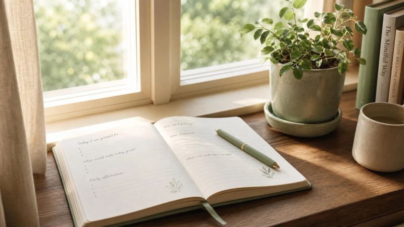 Peaceful journaling or notebook scene with soft natural light, representing practical self-help tools and therapy