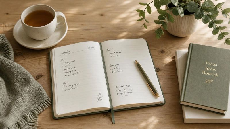 An open notebook and cup of tea on a wooden table, representing frequently asked questions about OCD therapy