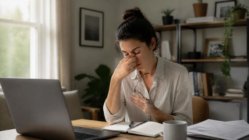 A person looking exhausted at work, rubbing their eyes, representing daytime impact of insomnia