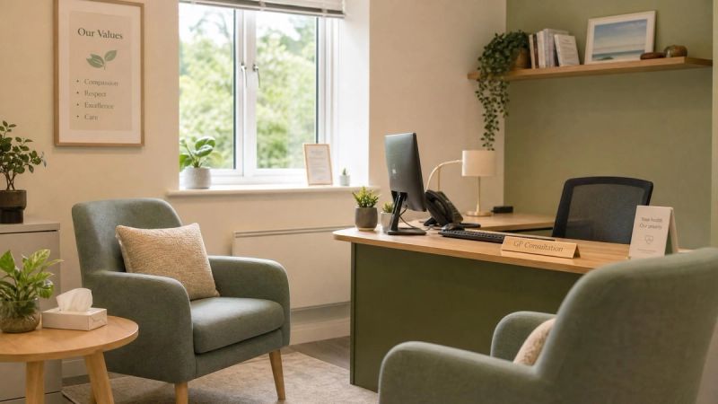 A GP consultation room with two chairs and soft light