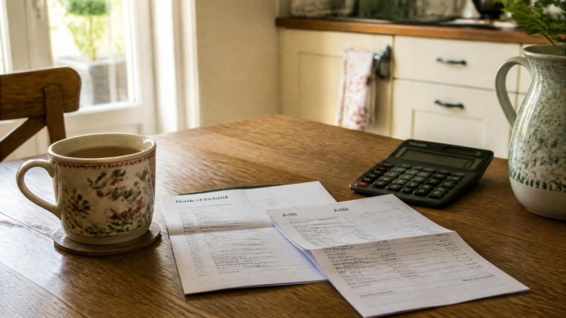 Two bank statements, a calculator and a cup of tea on a kitchen table