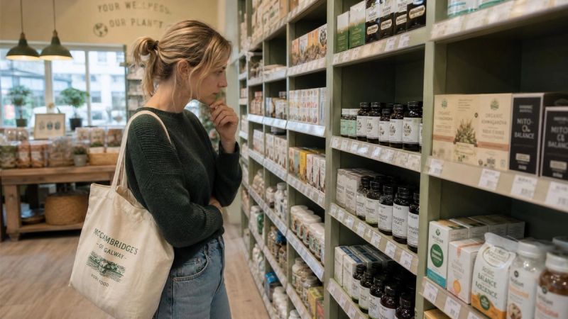 A person looking at shelves of supplements and health products in an Irish health food shop