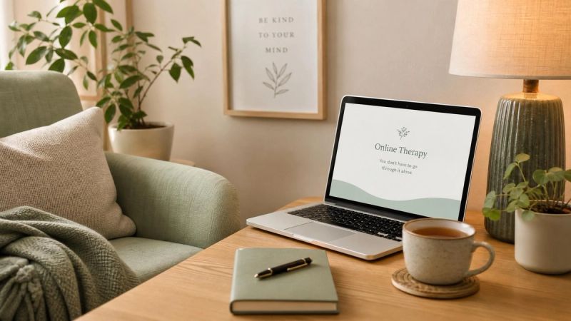 A calm home space with a laptop and a cup of tea, representing online therapy support for loneliness