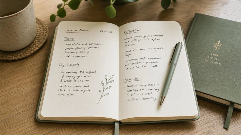 A notebook and pen on a wooden table, representing ERP session planning and exposure exercises