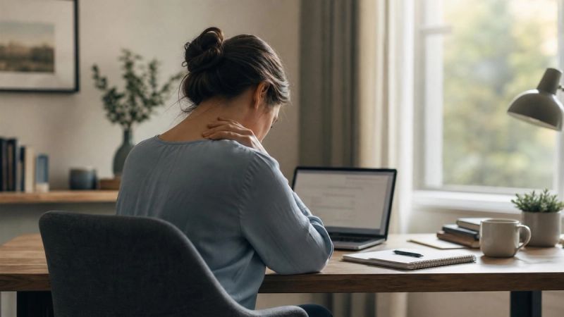 A person sitting at a desk with shoulders tense, soft light, representing general anxiety