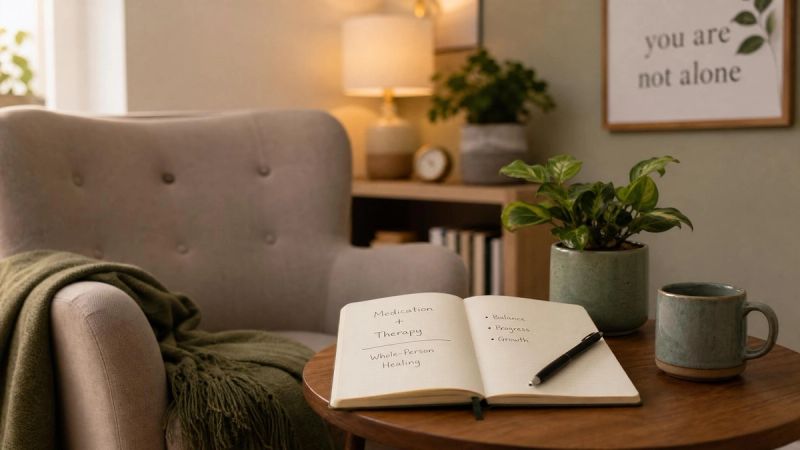 An open notebook and a small green plant beside a therapy-style chair