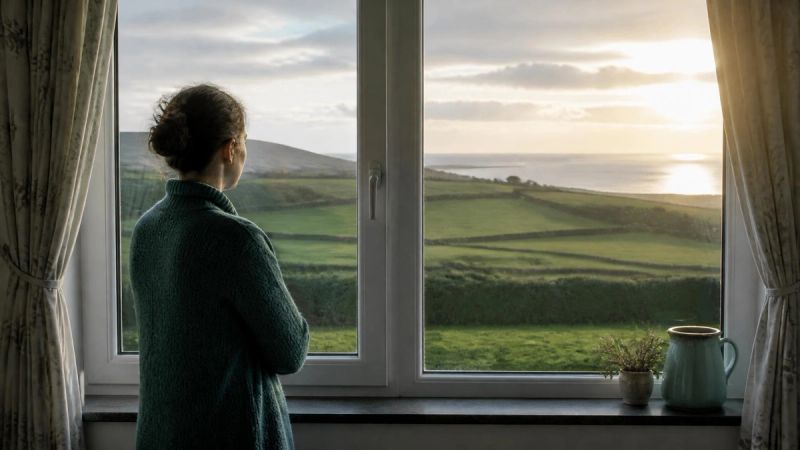 A person standing at a window looking out over green fields towards a bright horizon
