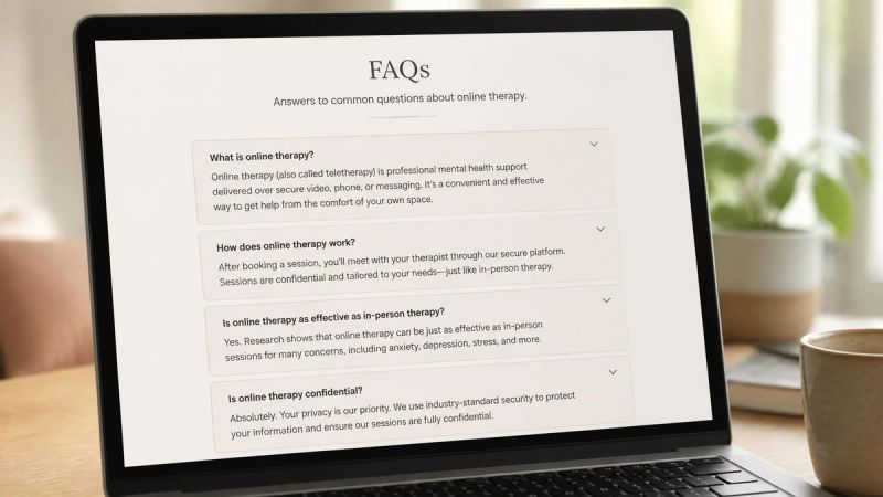A clean FAQ-style layout on a laptop screen with simple questions and answers