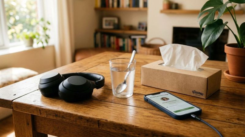 Headphones, water, tissues, and phone, representing online therapy setup