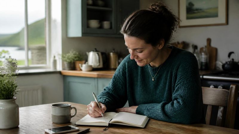 A person writing in a journal at a kitchen table with a cup of tea