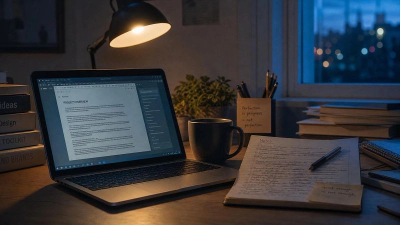 A cluttered desk with a laptop and notebook late in the evening, showing how imposter syndrome leads to overworking