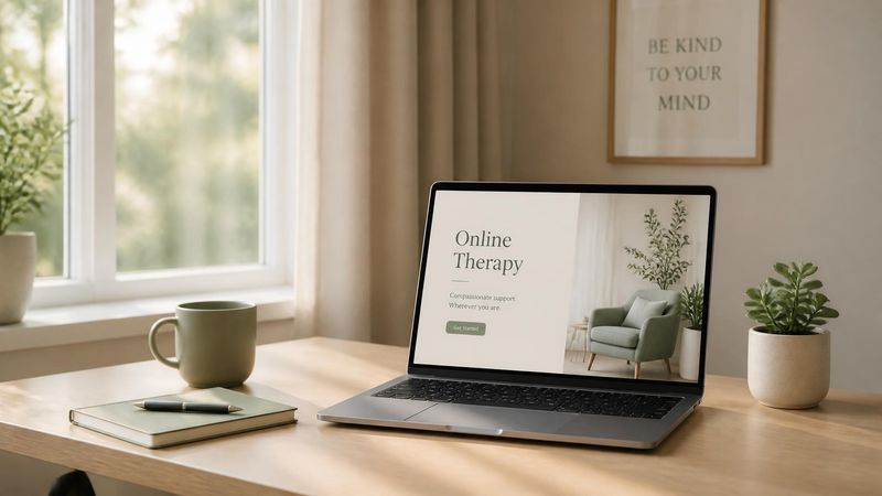 A laptop on a calm desk with a houseplant, representing online therapy alongside HRT decisions